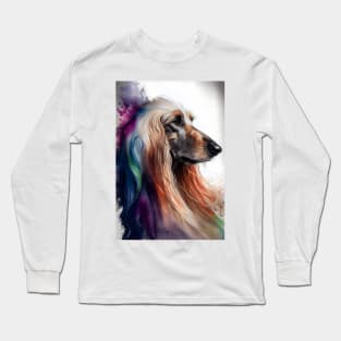 Watercolor Afghan Hound with Rainbow Colored Accents Long Sleeve T-Shirt